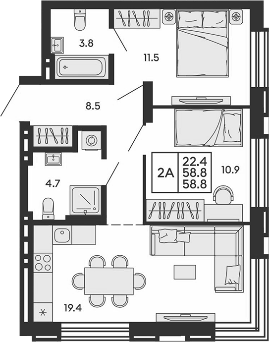 Планировка 3е-к.кв 58.80 м² в ЖК «Сила леса»