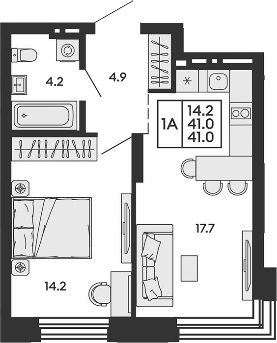 Планировка 2е-к.кв 41.00 м² в ЖК «Сила леса»