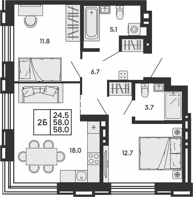 Планировка 3е-к.кв 58.00 м² в ЖК «Сила леса»