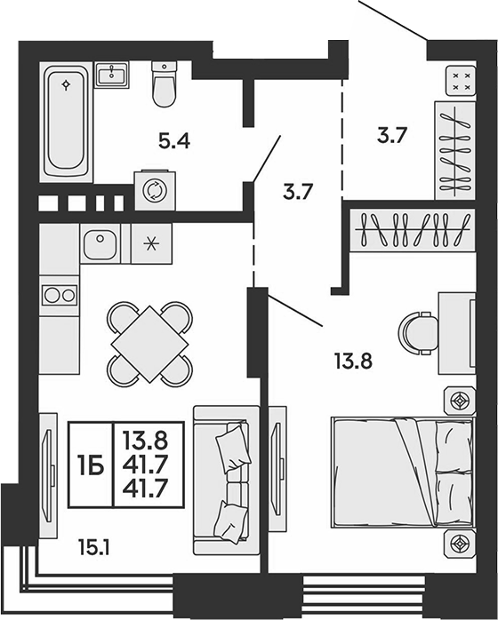Планировка 2е-к.кв 41.70 м² в ЖК «Сила леса»