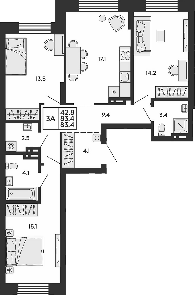 Планировка 3-к.кв 83.40 м² в ЖК «Сила леса»