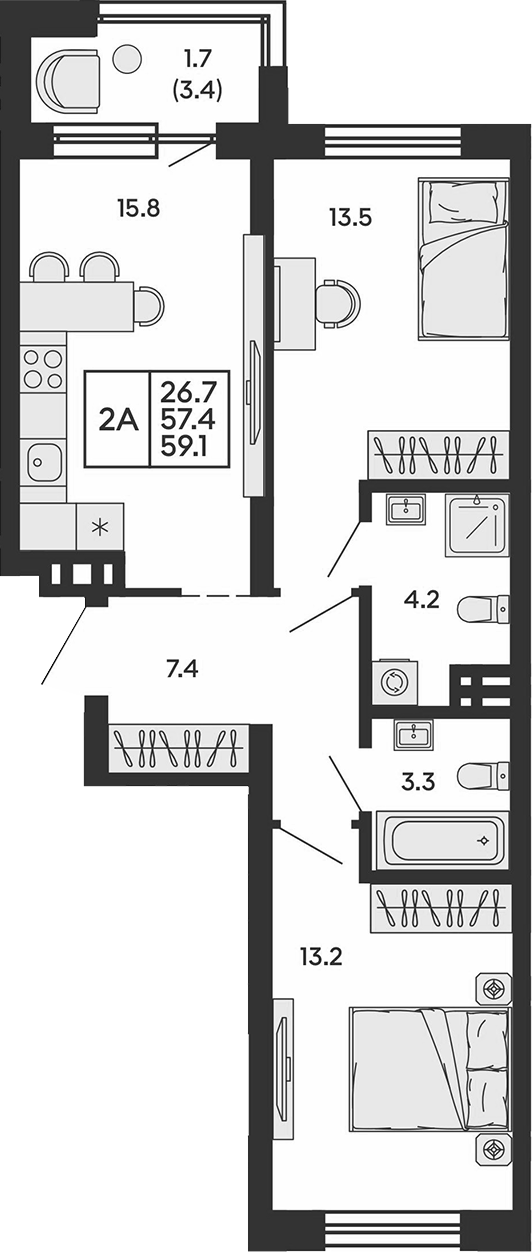 Планировка 2-к.кв 57.40 м² в ЖК «Сила леса»