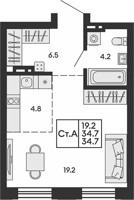 Планировка студия 34.70 м² в ЖК «Сила леса»