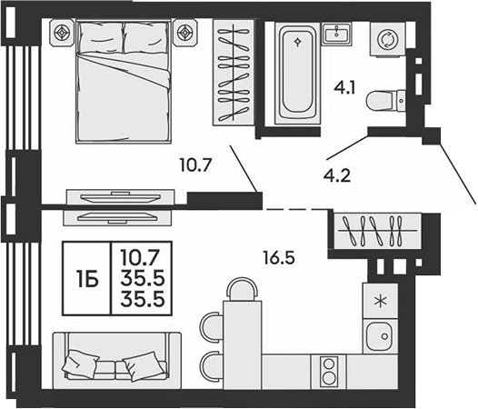 Планировка 2е-к. квартира 35.50 м² в ЖК «Сила леса»