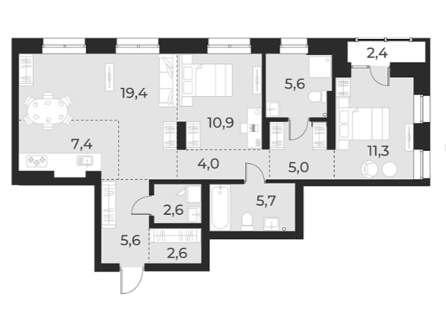 Планировка 3е-к. квартира 80.10 м² в ЖК «Русское солнце»