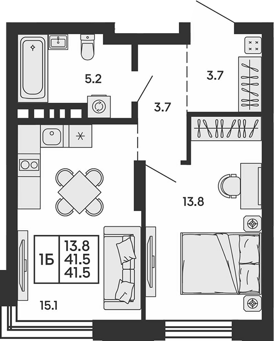 Планировка 2е-к.кв 41.50 м² в ЖК «Сила леса»