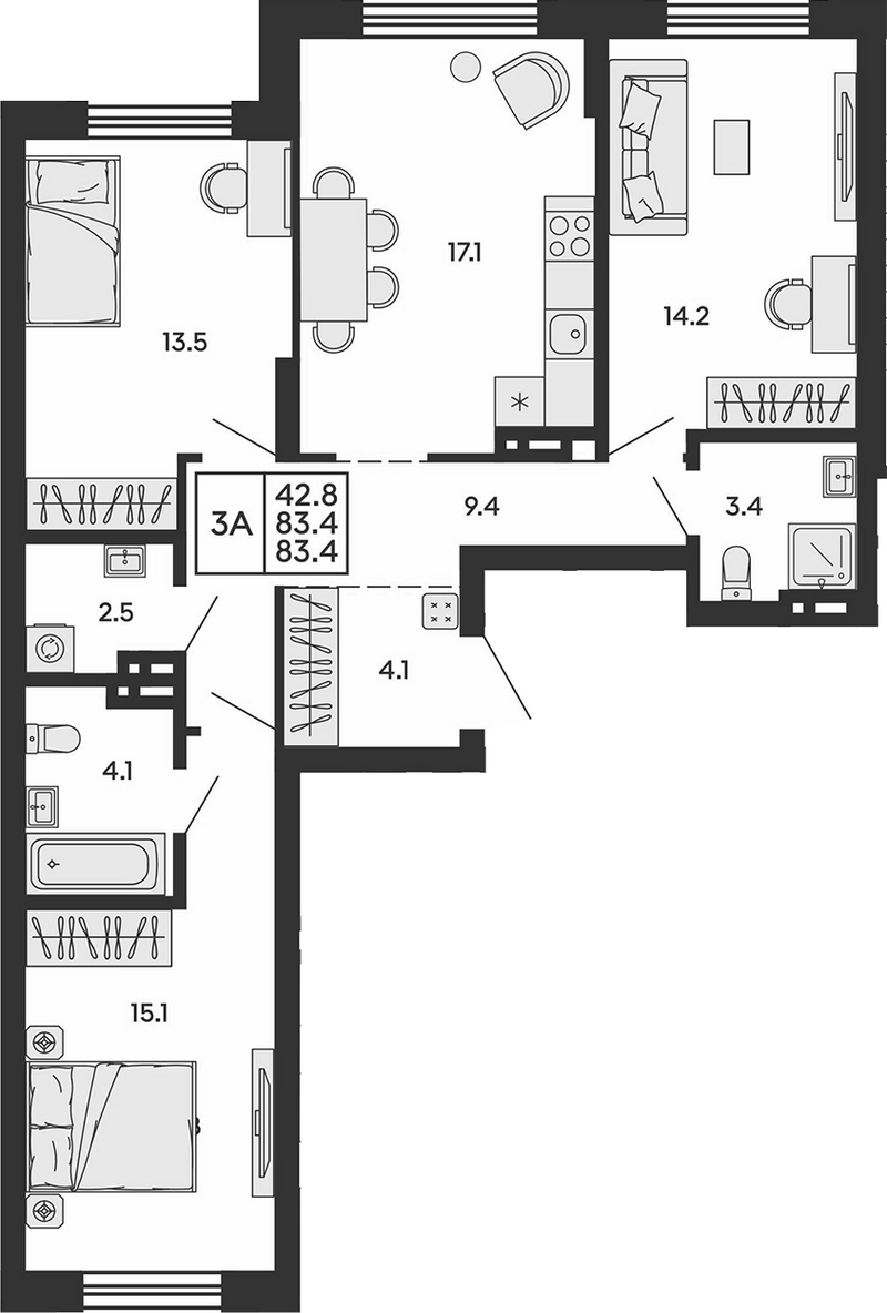 Планировка 3-к.кв 83.40 м² в ЖК «Сила леса»