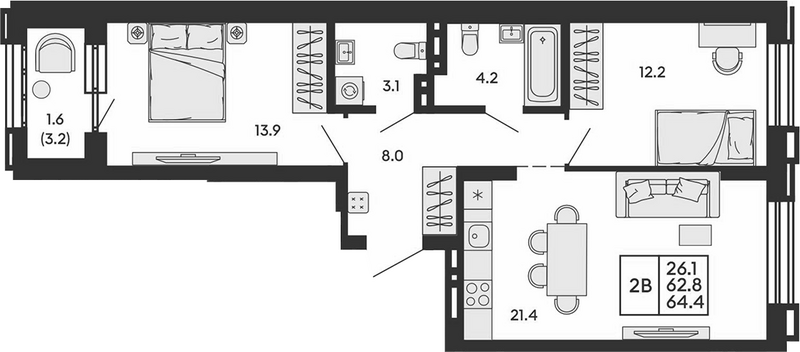 Планировка 3е-к.кв 62.80 м² в ЖК «Сила леса»