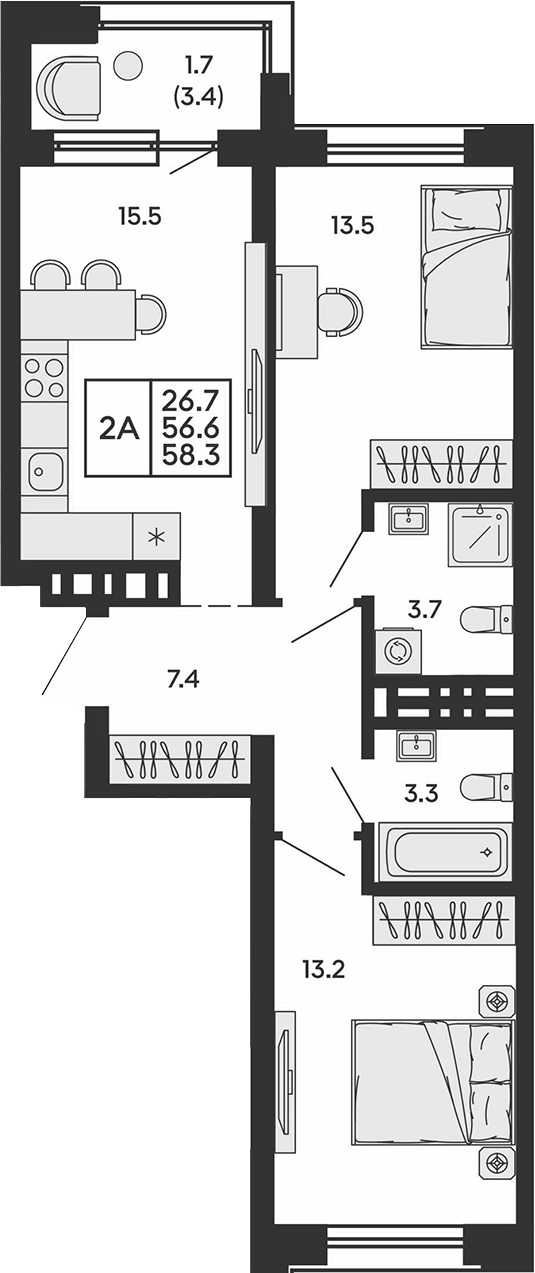 Планировка 2-к. квартира 56.60 м² в ЖК «Сила леса»
