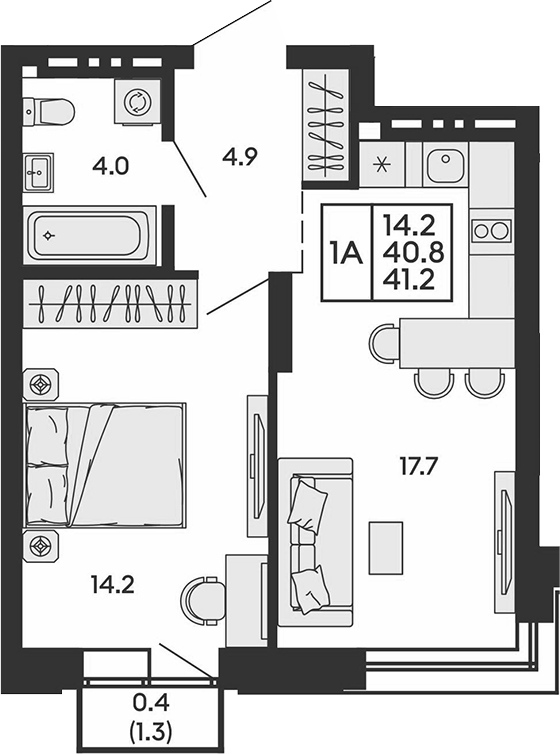 Планировка 2е-к.кв 40.80 м² в ЖК «Сила леса»