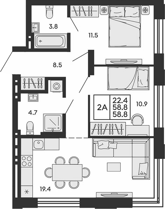 Планировка 3е-к.кв 58.80 м² в ЖК «Сила леса»