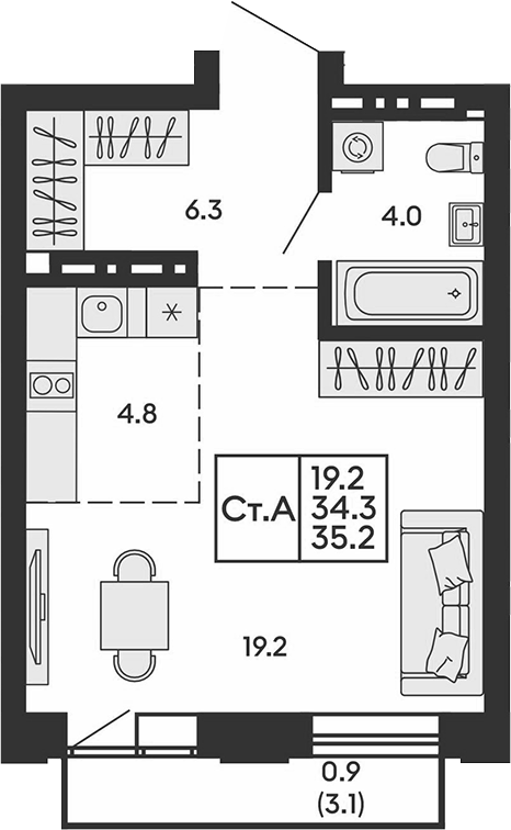 Планировка студии 34.30 м² в ЖК «Сила леса»