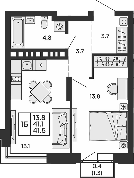 Планировка 2е-к.кв 41.10 м² в ЖК «Сила леса»