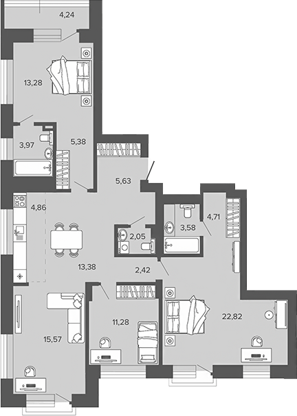 Планировка 3-к.кв 109.76 м² в ЖК «Прованс»