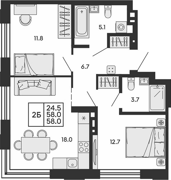 Планировка 3е-к.кв 58.00 м² в ЖК «Сила леса»