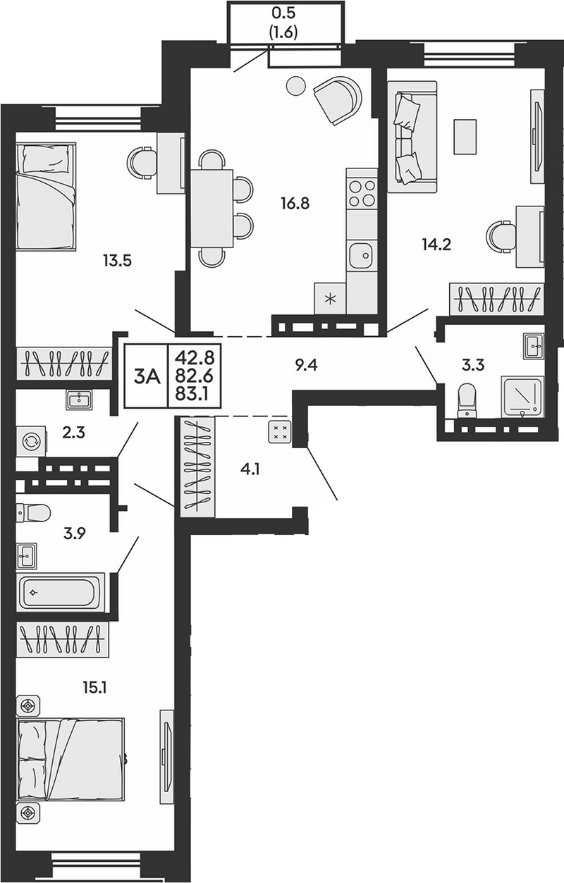 Планировка 3-к. квартира 82.60 м² в ЖК «Сила леса»