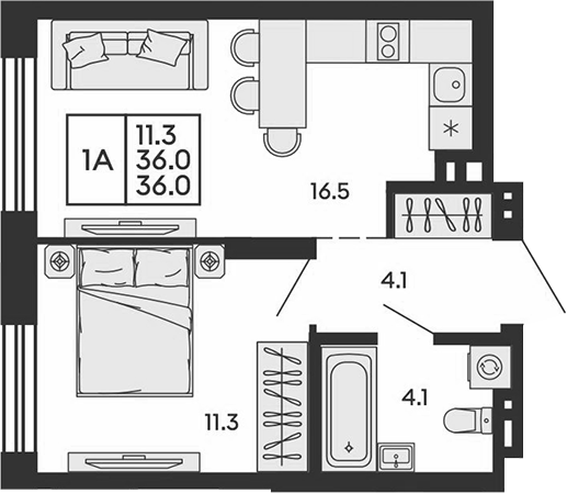 Планировка 2е-к.кв 36.00 м² в ЖК «Сила леса»
