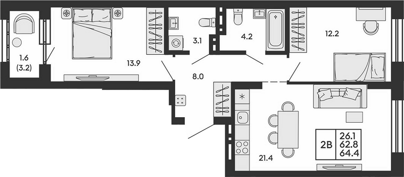 Планировка 3е-к.кв 62.80 м² в ЖК «Сила леса»