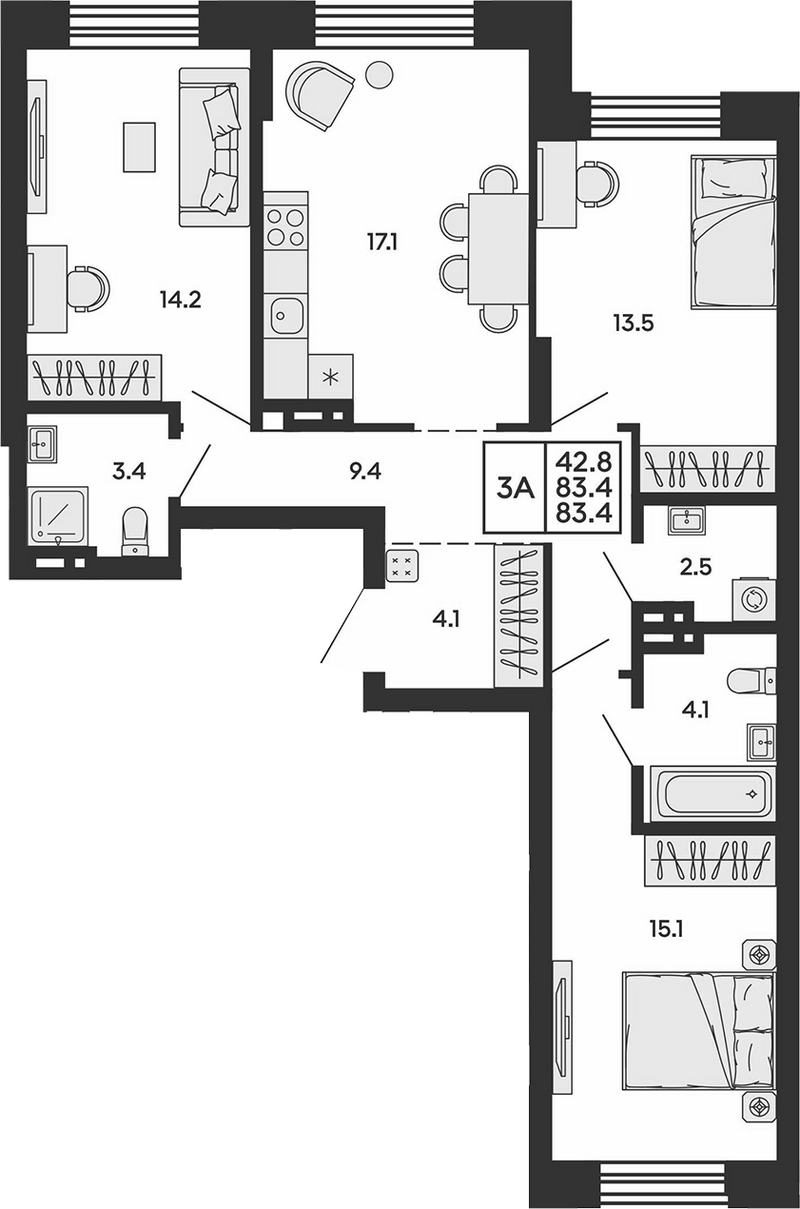 Планировка 3-к. квартира 83.40 м² в ЖК «Сила леса»