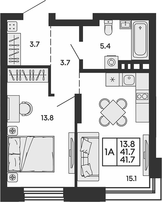 Планировка 2е-к.кв 41.70 м² в ЖК «Сила леса»
