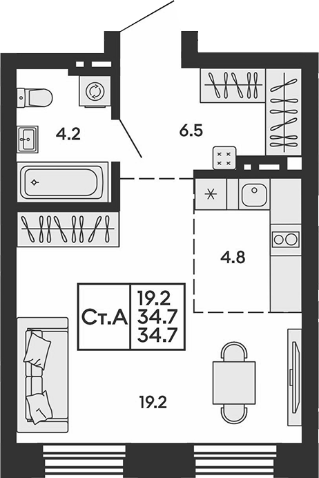 Планировка студии 34.70 м² в ЖК «Сила леса»