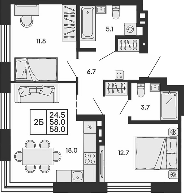 Планировка 3е-к.кв 58.00 м² в ЖК «Сила леса»