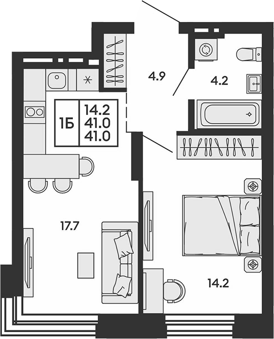 Планировка 2е-к.кв 41.00 м² в ЖК «Сила леса»