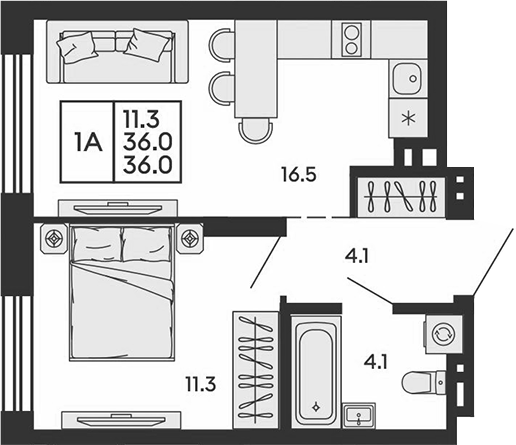 Планировка 2е-к.кв 36.00 м² в ЖК «Сила леса»