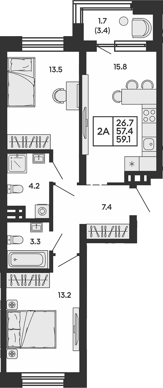 Планировка 2-к.кв 57.40 м² в ЖК «Сила леса»