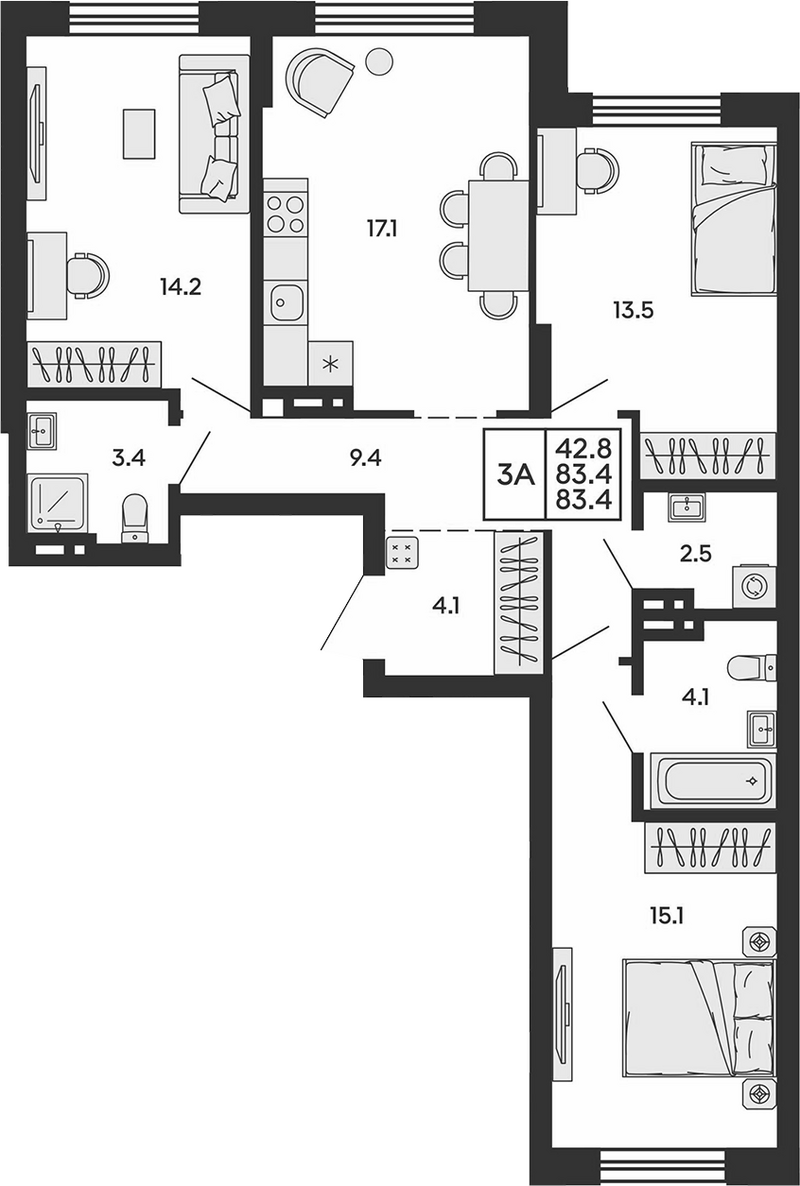 Планировка 3-к. квартира 83.40 м² в ЖК «Сила леса»