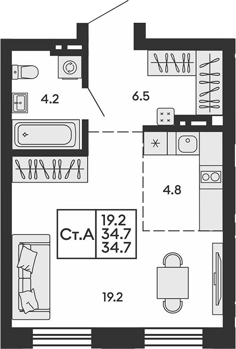 Планировка студия 34.70 м² в ЖК «Сила леса»