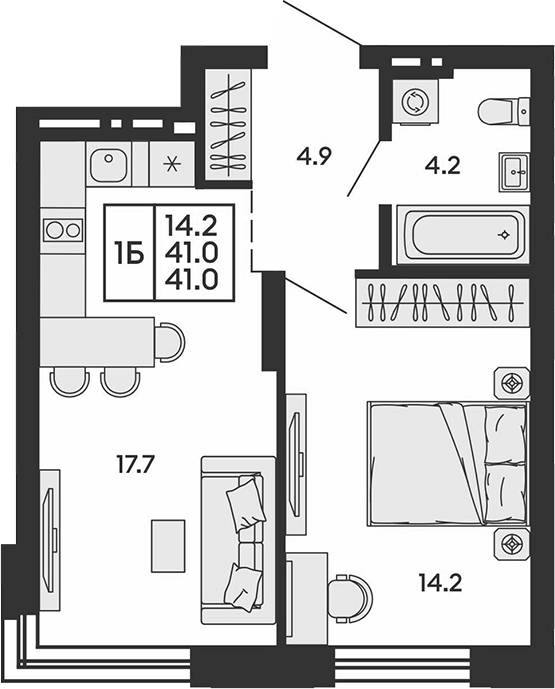 Планировка 2е-к. квартира 41.00 м² в ЖК «Сила леса»
