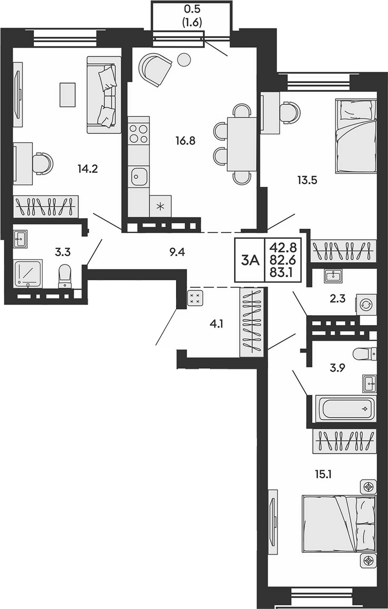 Планировка 3-к. квартира 82.60 м² в ЖК «Сила леса»