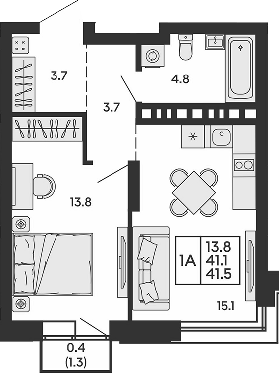 Планировка 2е-к.кв 41.10 м² в ЖК «Сила леса»