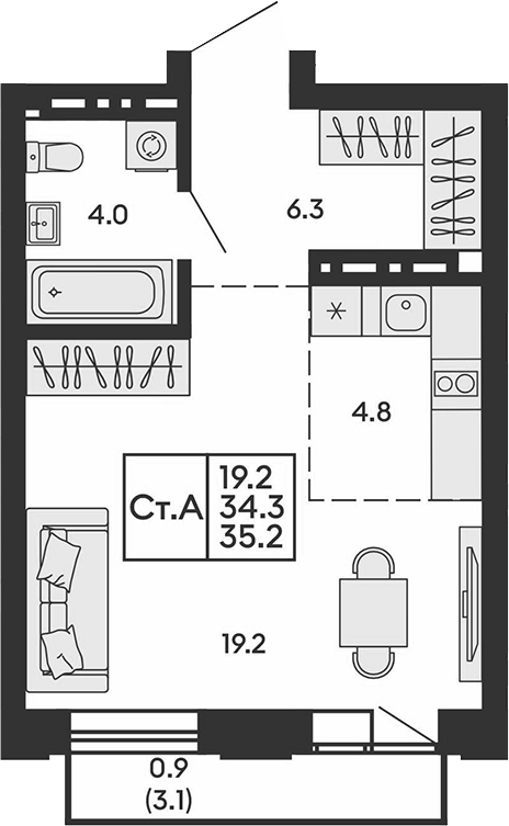Планировка студии 34.30 м² в ЖК «Сила леса»