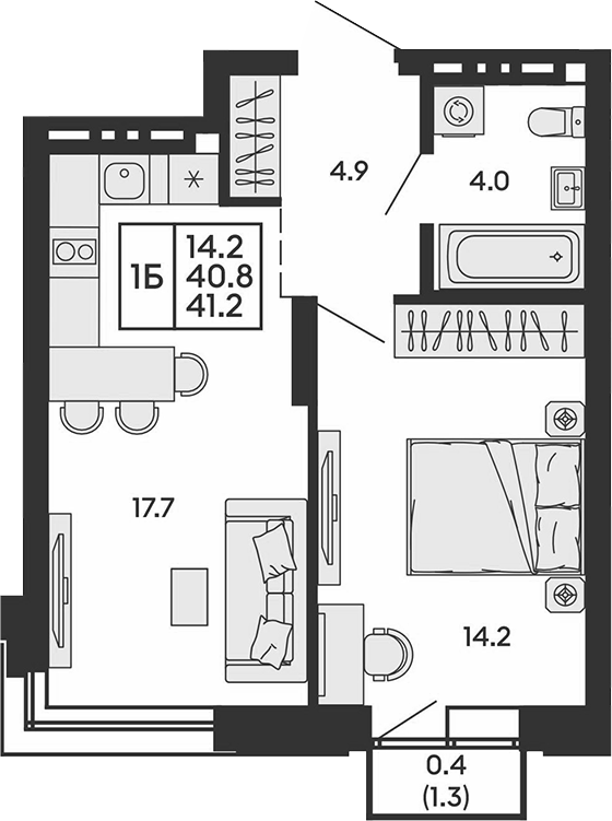 Планировка 2е-к. квартира 40.80 м² в ЖК «Сила леса»