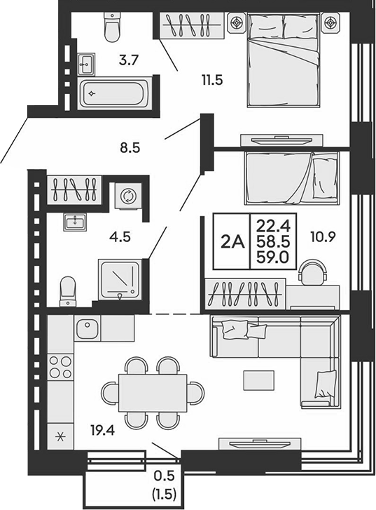 Планировка 3е-к.кв 58.50 м² в ЖК «Сила леса»