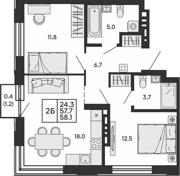 Планировка 3е-к.кв 57.70 м² в ЖК «Сила леса»
