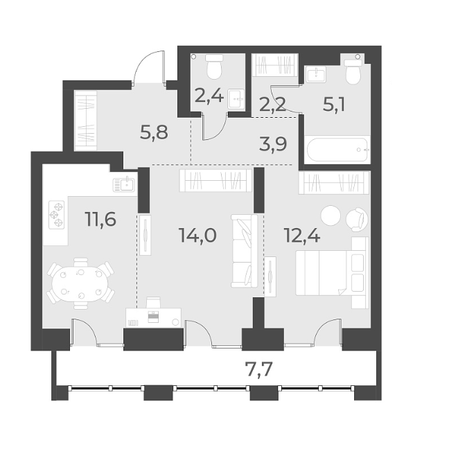 Планировка 2-к. квартира 57.40 м² в ЖК «Русское солнце»