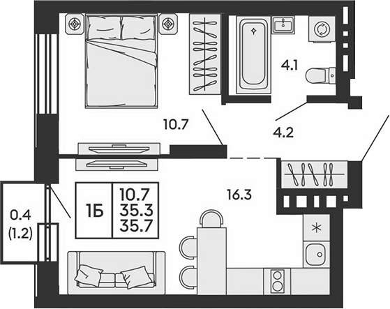 Планировка 2е-к. квартира 35.30 м² в ЖК «Сила леса»