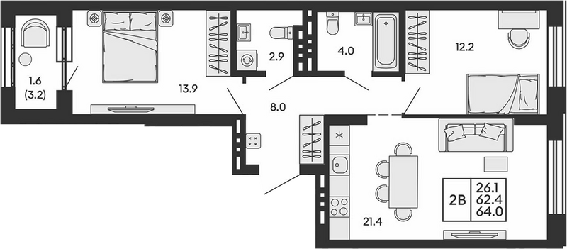 Планировка 3е-к.кв 62.40 м² в ЖК «Сила леса»