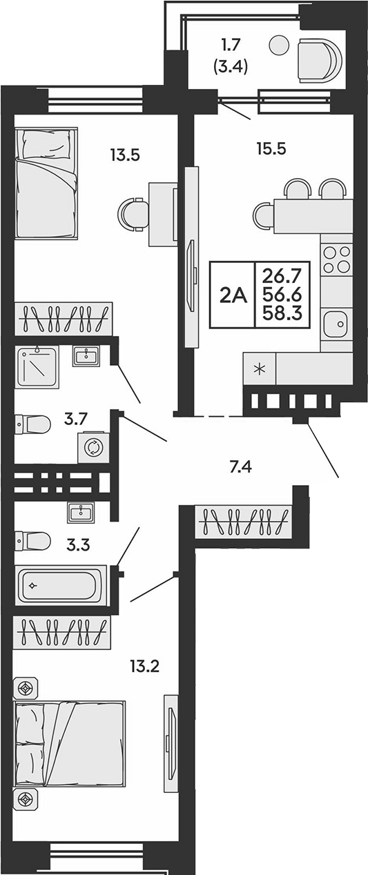 Планировка 2-к. квартира 56.60 м² в ЖК «Сила леса»