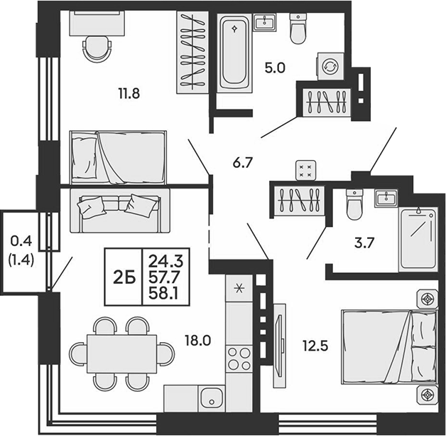 Планировка 3е-к.кв 57.70 м² в ЖК «Сила леса»