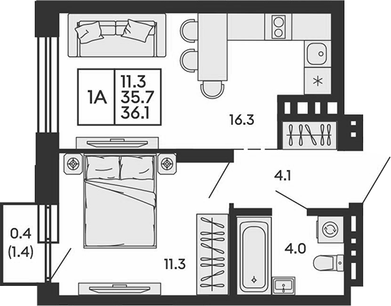 Планировка 2е-к. квартира 35.70 м² в ЖК «Сила леса»