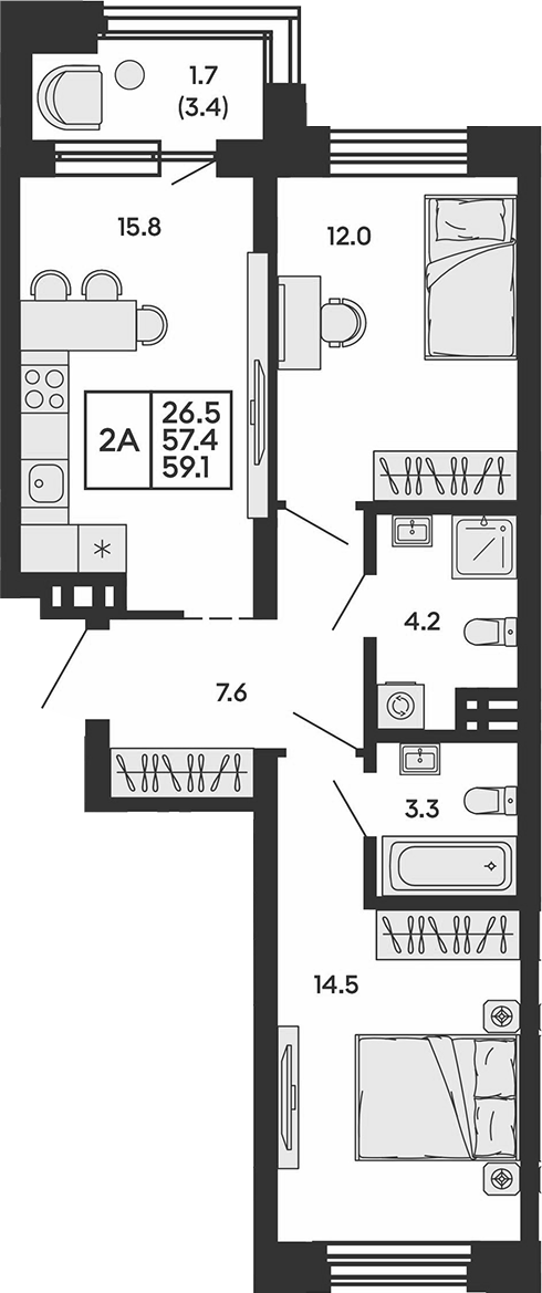 Планировка 2-к.кв 57.40 м² в ЖК «Сила леса»