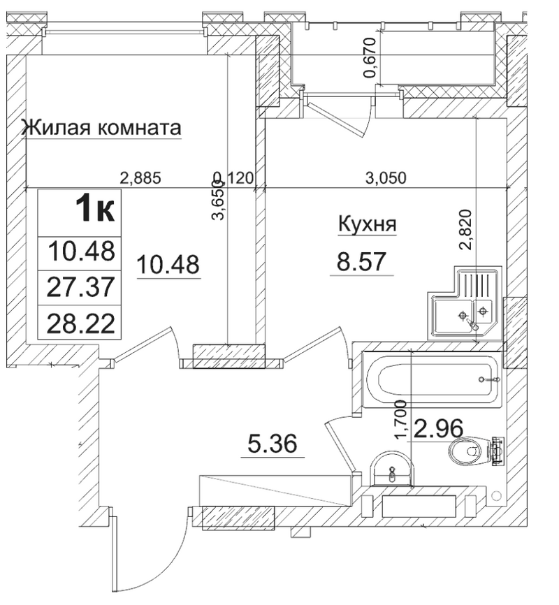 Планировка 1-к.кв 27.37 м² в ЖК «Чернышевский»