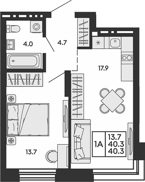Планировка 2е-к.кв 40.30 м² в ЖК «Сила леса»