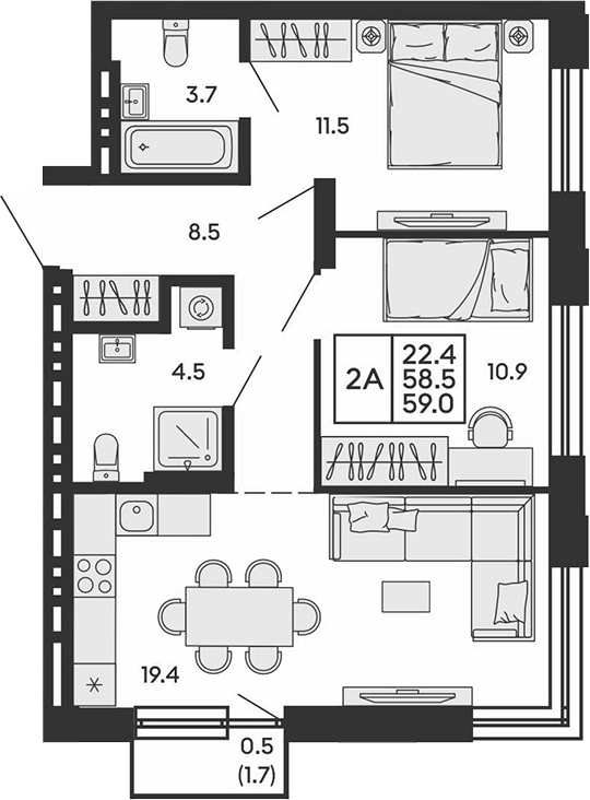 Планировка 3е-к.кв 58.50 м² в ЖК «Сила леса»