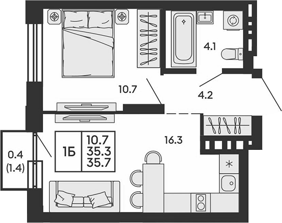 Планировка 2е-к.кв 35.30 м² в ЖК «Сила леса»