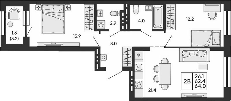 Планировка 3е-к.кв 62.40 м² в ЖК «Сила леса»
